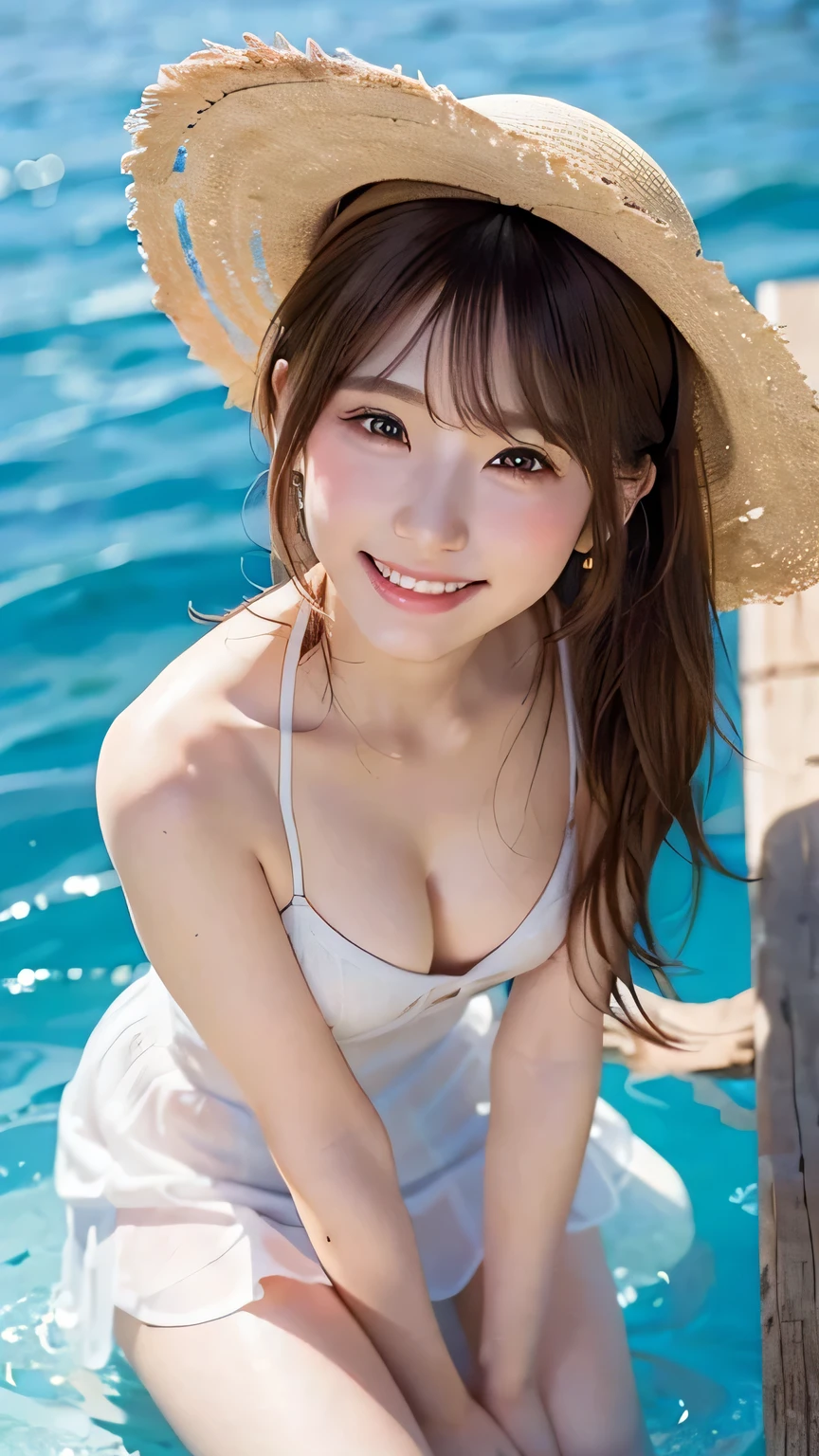 (Highest resolution, DSLR shot, 8k, ultra-high quality, high resolution, top quality, maximum resolution, extremely beautiful woman, perfect anatomy), bright brown eyes, very bright brown eyes, small diamond-shaped earrings, looking directly at the camera, beautiful brown hair, ((baby face, loose and cute medium ponytail)), very short and beautiful bangs in brown hair, E-cup breasts, showcasing a beautiful décolletage, beautiful 20-year-old, lip gloss, smiling very happily, very cute smile, upper teeth, beautiful teeth, (random clean horizon of a summer ocean or pool (background only)), slightly large eyes, small face, tall supermodel, beautifully shaped model, random cute pose, dynamic angle, focus on eyes, tilt of the head, very detailed and realistic, extremely beautiful 20-year-old, ((medium shot)), sharp jawline, ((white dress, straw hat)), deep waistline, sexy legs, side view, smiling very joyfully, laughing, summer day.
A woman by the poolside in a chic bikini, paired with a sheer cover-up, straw hat, and stylish sandals, perfect for a gravure photoshoot. Random cute poses with no décolletage exposure.