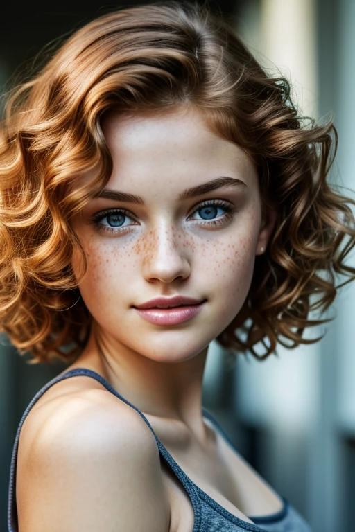 Ginger, curly hair, Teen,seductive, short hair, short shorts, tank top, sexy, sultry, 1, cute, small breasts, large eyes, small nose, freckles, ((smirk)), Caucasian, cute face, lips, looking at viewer, smug, bratty, perfect eyes, detailed eyes, , full body, small cute nose, top-quality,ultra-detailed, ​masterpiece, realisitic, Photo Real, Bright lighting, 1 girl, an extremely beautiful  girl, best quality masterpiece, photorealistic, detailed, 8k, HDR,  sharp focus, RAW color photo, full body, top angle, body curves, Beautiful facial details, low angle medium shot, attractive, amazingly euphoric gorgeous, vivid emotion, DSLR, reflected in raytraced, symmetrical face and body, CGsociety, eye reflections, focus, Unreal Engine 5, VFX, film photography, extreme detail, Ultra HD, post-processing, post-production, single face, ultra-realistic photography, Shot with Hasselblad X1D-50c, ISO 100