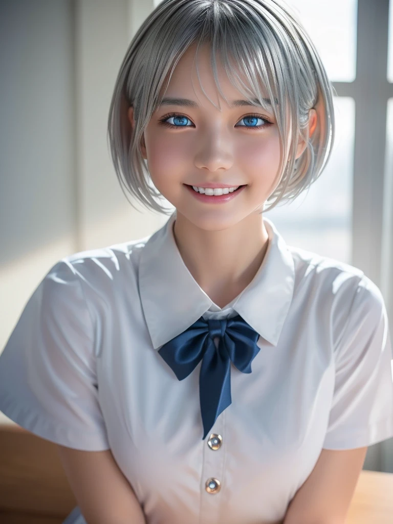 NSFW,(a ultra cute beautiful girl wearing highschool uniform:1.5),(charming smile:1.25),large clear light blue eyes,droppy eyes,balanced eyes,transparent white skin,(silver short hair:1.5),photorealistic, 8k, ultra-detailed, masterpiece, realistic, vivid colors, beautiful detailed eyes, beautiful detailed lips, extremely detailed face, intricate details, hyper realistic, cinematic lighting, dramatic shadows, stunning composition, intense atmosphere, highly detailed skin, exquisite facial features, volumetric lighting, raytraced global illumination, physically-based rendering, professional digital art,high resolution fix