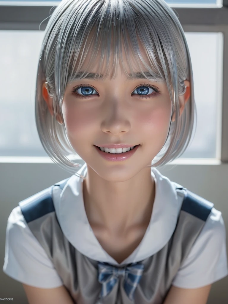 NSFW,(a ultra cute beautiful girl wearing highschool uniform:1.5),(charming smile:1.25),large clear light blue eyes,droppy eyes,balanced eyes,transparent white skin,(silver short hair:1.5),photorealistic, 8k, ultra-detailed, masterpiece, realistic, vivid colors, beautiful detailed eyes, beautiful detailed lips, extremely detailed face, intricate details, hyper realistic, cinematic lighting, dramatic shadows, stunning composition, intense atmosphere, highly detailed skin, exquisite facial features, volumetric lighting, raytraced global illumination, physically-based rendering, professional digital art,high resolution fix