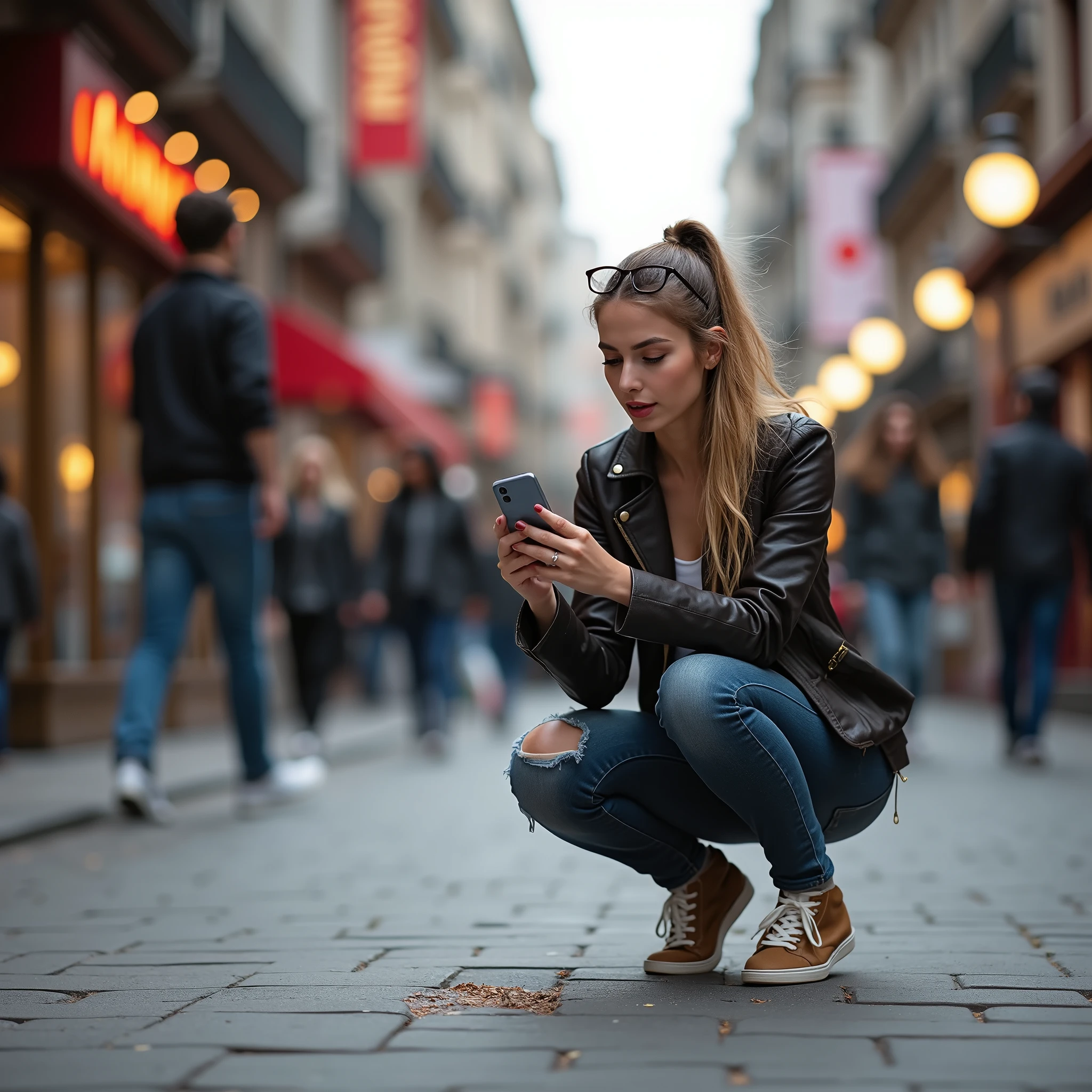 the girl&#39;s cell phone fell to the ground and she takes some photos