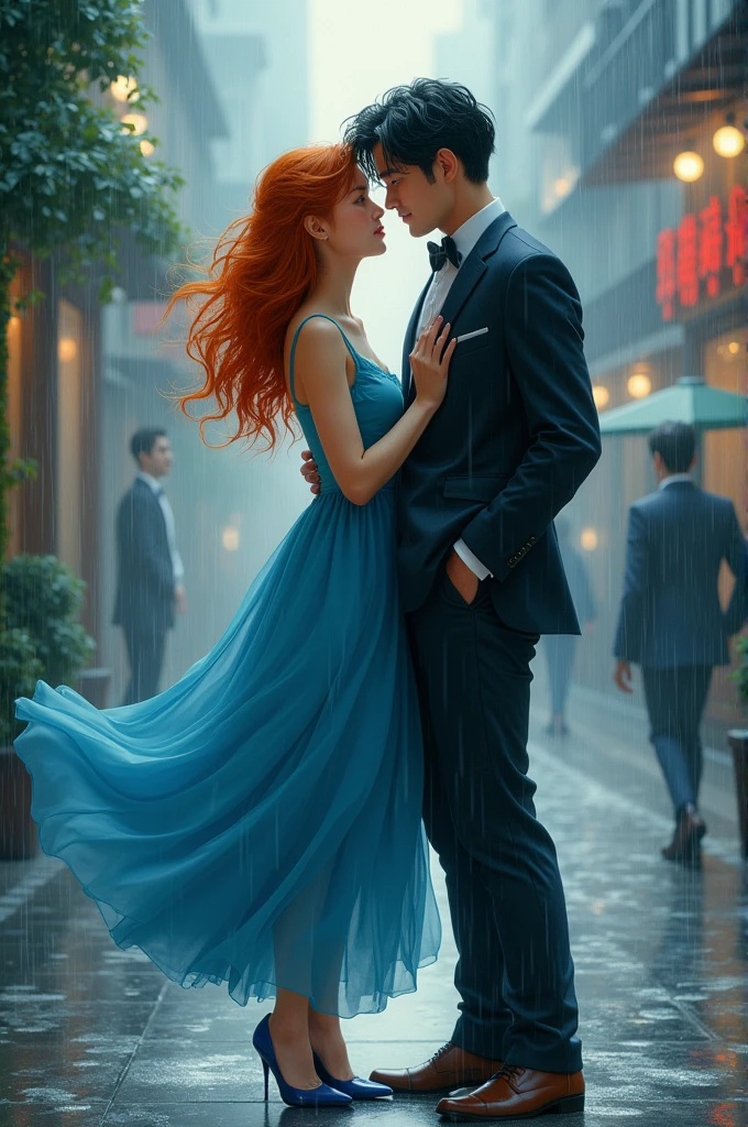 a woman wearing a blue dress with a little wavy dark orange hair and a man wearing a suite and cool dark black hair, in the rain