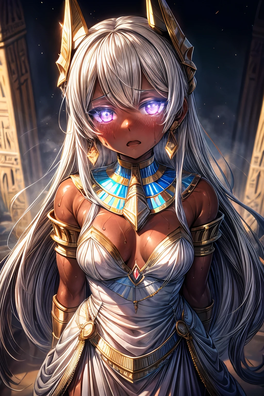 High resolution, masterpiece, Highest quality, Textured skin, Plump Skin, Glowing Skin, girl, Just One, Brown Skin, White Hair, White eyelashes, Small breasts, Luna, Royalty, Crescent-shaped earrings, Egyptian ornaments, Flying in the air, dress, armor, Mech Suit, Low exposure, adult, around 20 years old, Painful expression, feverish, Sweat