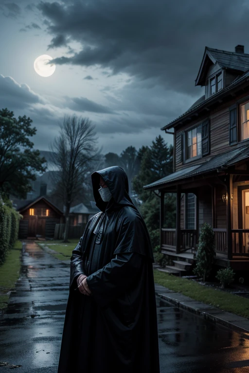 Imagine a dark and rainy night, where the moonlight can barely penetrate the heavy clouds. In front of an old and decaying house, a man dressed in the iconic Ghostface costume stands out in the darkness. The white mask and black cloak create an aura of mystery and terror. He holds a shining knife, reflecting the little light that exists around. The wind blows, Making the trees sway, as he watches the house with an intense, calculating gaze. Distant sounds of laughter can be heard, contrasting with the tension in the air. 