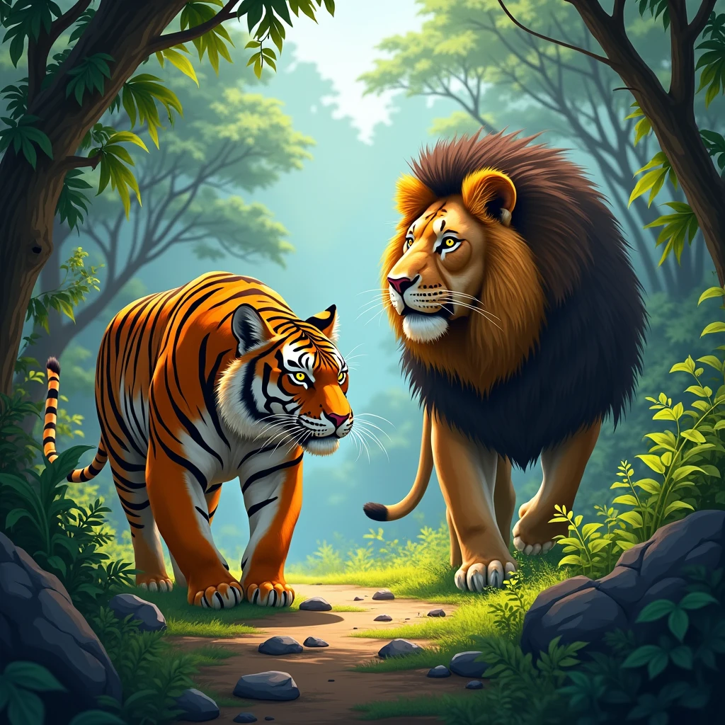 a tiger approaching a lion in the jungle