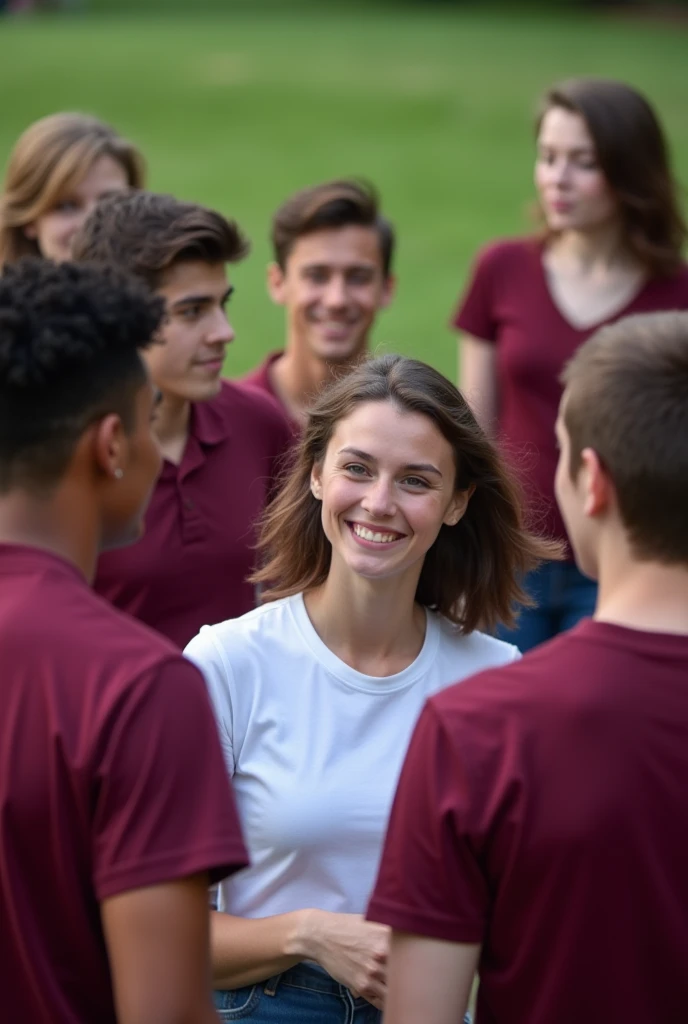 Create a photo of college students wearing maroon collar tshirt and a girl in white in middle of the mob
Make it bit more realistic