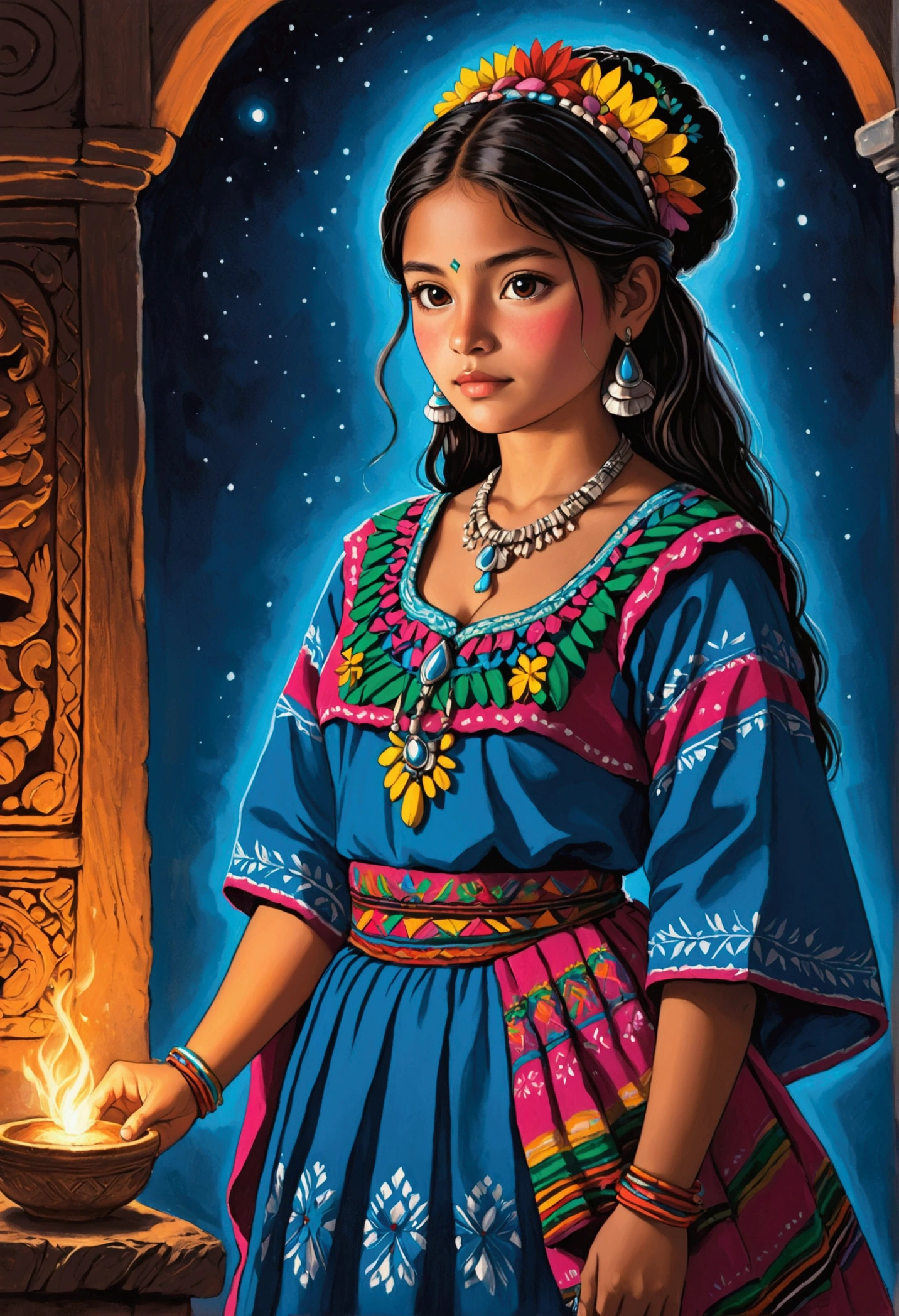 Drawing of a girl in a traditional Guatemalan costume