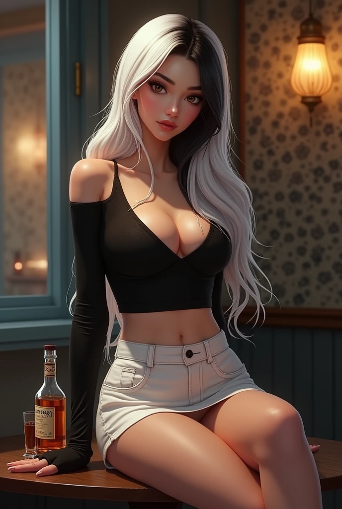 The beautiful girl wears a tight black crop top and wears a very short white skirt, has a beautiful body, her long hair is white mixed with black, sits on a table with her legs crossed while holding a bottle of alcohol in realistic