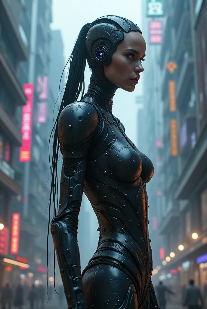 A naked cyborg girl with purple eyes in cyberpunk city