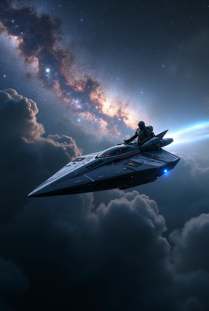 Futuristic man space ship with milky way star 
