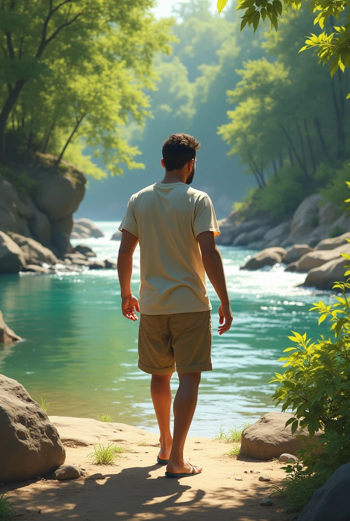The man walking away from the river with a lighter step and a hopeful expression.**