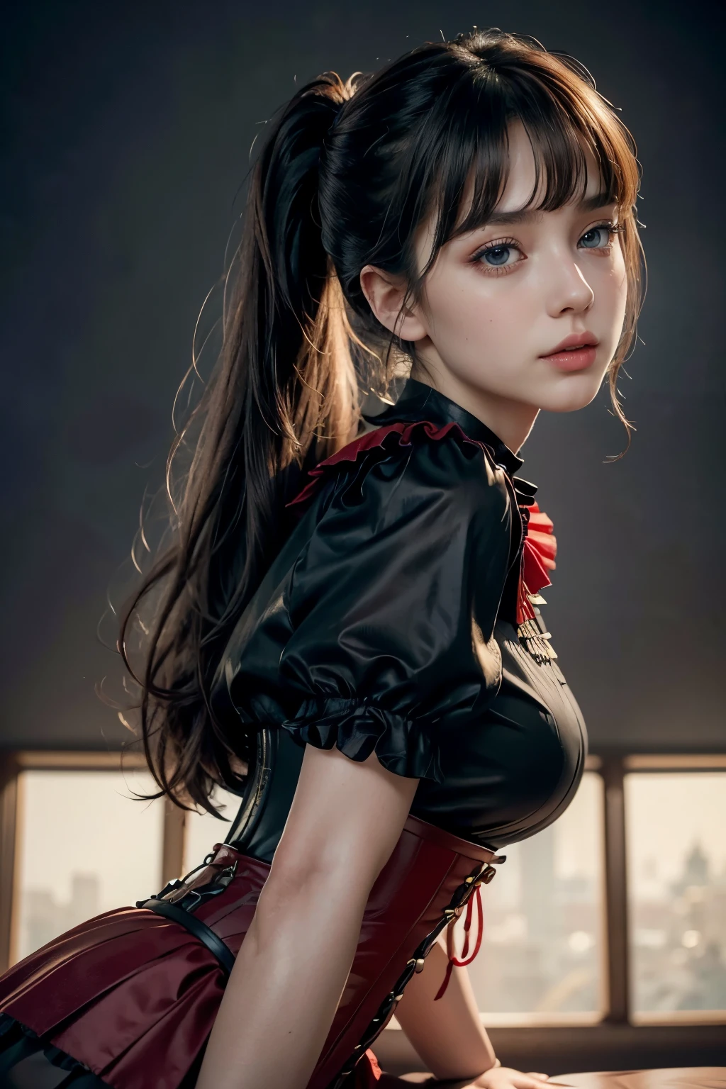 8K,((masterpiece)), ((best quality)), (ultra-detailed), High detail, professional photograph, highest quality, floating hair, beautiful detailed, (((realistic))), hyper realistic character,natural lighting ,beautiful detailed eyes,1girl, solo,blunt bangs, realistic, ((a girl with a large bust)), her blouse is about to burst from her large breasts, short ponytail, bangs, thick thighs, beautiful detailed eyes, beautiful detailed lips, extremely detailed eyes and face, long eyelashes, , ((red corset blouse)), ((red blouse)), (black pleated skirt), thigh-high socks, suspenders, photo-realistic, 8k, vivid colors, masterpiece, anime, cinematic lighting, soft focus, (from side:1.4),((Thin and long Beautiful legs))
