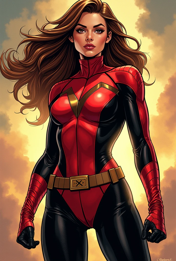Comic style, A girl in X-Men red-black herosuit with X-Men logo on the chest with cutouts, some back parts too, the girl have brown fluffy layered long hair, brown hair, bodysuit, gloves 