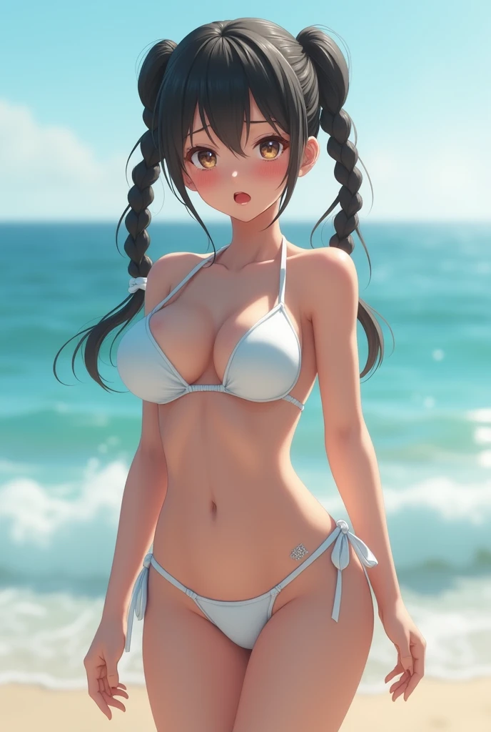 Realistic、detailed、concentrated、Professional Lighting、very cute、beautiful girl、Japanese、、Braided twin tails、Small breasts、(Broad shoulders)、(wide waist width)、(Big Ass)、Glamour、White micro bikini、Full body image、Beach、Stand facing us、Crying face、deep navel、(Front lighting)、SLR