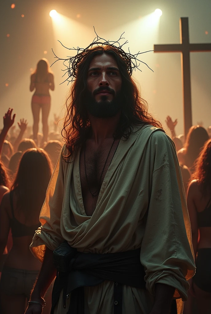 Jesus the Metalist in tattered clothes, mysterious smile, A crown of thorns on the head, realistic view, HdR, At a metal concert, In the background, a dancer near wooden crosses