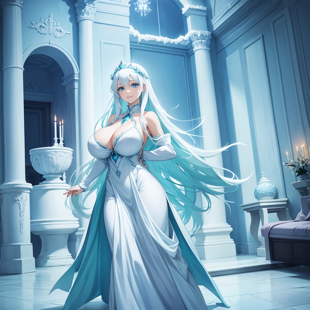 Anime ice princess full body view with perfect hands, huge Breasts,white hair, aqua eyes, ice woman, hands hidden, living room, smile, ice world