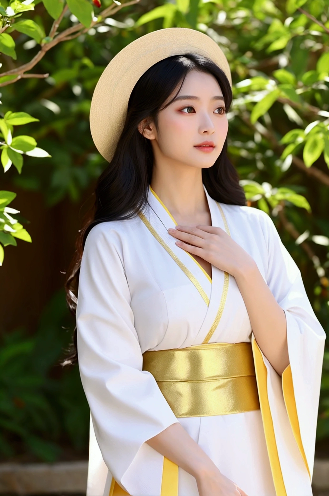 1. Kami, the Goddess of Order, Life, Creation, Light, and Alpha
Clothes:
Kami wears a traditional white kimono with intricate gold trim that symbolizes purity and divinity. The kimono is designed to highlight her divine figure, with a low neckline that reveals a hint of cleavage and a high slit that exposes her thigh. The sleeves are long and flowing, giving her a graceful and ethereal appearance. The gold accents add a touch of regality, emphasizing her status as the goddess of creation and light.

Appearance:
Kami has long, flowing white hair that cascades down her back in soft waves, shining with a radiant glow. Her golden eyes are warm and inviting, exuding wisdom and kindness. Her skin is fair and flawless, with a soft, heavenly glow that adds to her divine presence. Her lips are painted a deep red, which contrasts beautifully with her pale complexion. Her overall appearance is serene and calming, embodying the essence of order and life.

Strength:
As the goddess of creation and light, Kami possesses immense power over life itself. She can create life from nothing, shape worlds, and heal any living being. Her control over light allows her to banish darkness and purify corrupted souls. Her strength lies in her ability to bring order to chaos, ensuring balance in the universe. Her mere presence can calm raging storms and bring peace to troubled minds.