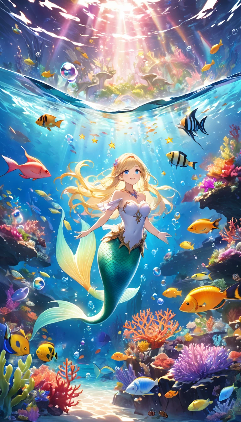A beautiful mermaid princess swimming happily among colorful tropical fish in the ocean, bubbles floating around, various types of vibrant tropical fish swimming, coral and underwater plants visible, as if standing on the ground underwater, a sense of magical natural beauty, sparkling star fragments, an adventurous and exciting atmosphere, a happy and joyful mood, a high fantasy world view, grand composition and beautiful proportions, rainbow-colored light and silver mist guardian nebulae, corrosive enveloping light family colors, a slimy, airy feel, shimmering effects, long hair, smiling, blonde, long hair, large bust, blue eyes