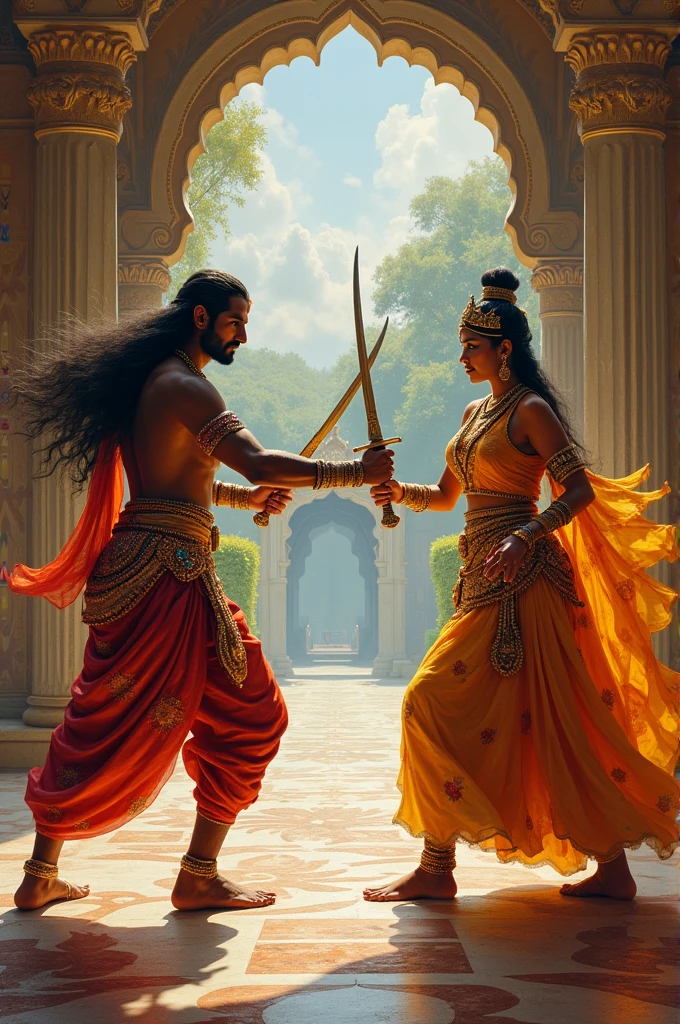 Indian origin king and queen practicing a fight with sword 