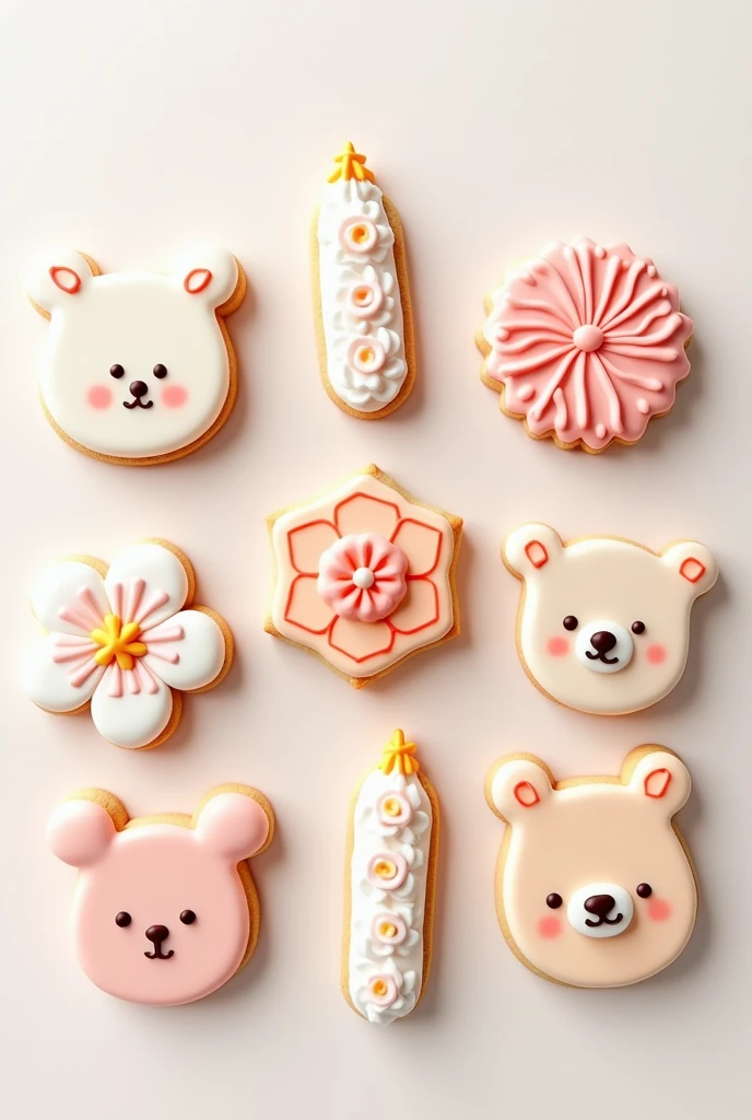 Icing Cookies、Simple Background,、cute、pastel、Written by hand、Flower、Contour、White Background、design、Botanical、Artistic, Very detailed, 8 pieces、From above、pink、orange、Bear