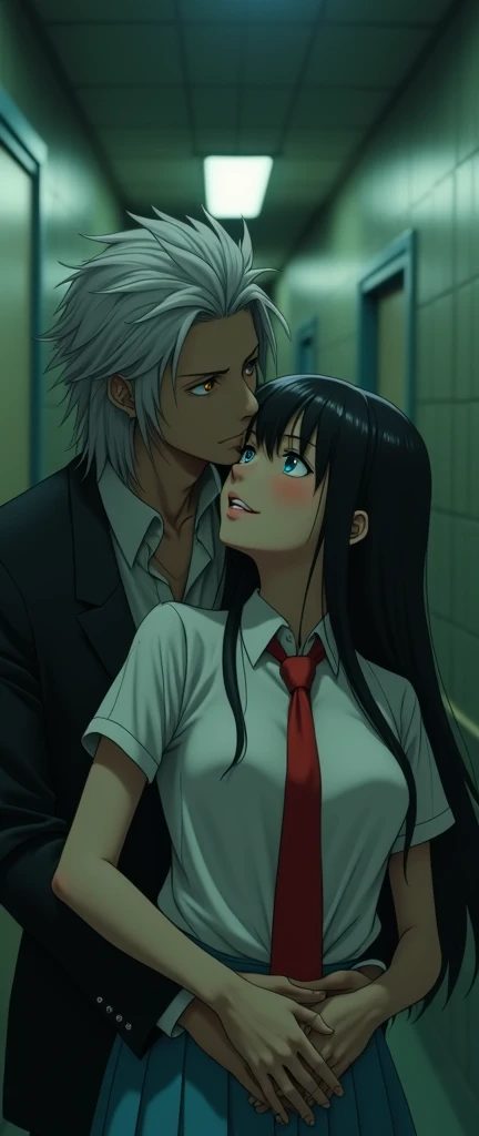 (32K:1.9, Highest quality, masterpiece, Ultra-high resolution), Perfect dynamic composition:1.3, Highly detailed skin and facial textures:1.3, Cute sexy slim Japanese schoolgirl, Tall and slim man, (Man hugging woman:1.3), Fair skin, ((Clarity:1.1)), (Man is anime「Demon slayer」Duma, Long silver-blonde hair, Rainbow Eyes:1.5), (The woman is wearing a uniform with a red tie:1.3, Straight black hair.:1.3, smile:0.9, A man completely charms a woman:0.9, beautiful Blue Eyes, beautiful, Clear Eyes:0.8), Sexy Face:0.4, blush:1.1, (beautifulエロティシズムを醸し出す雰囲気:0.8), Professional random camera work, Cinematic Lighting Effects, (Full Body Shot), (Too erotic), romantic, mysterious, Object of admiration, original, dramatic, artistic, Innovative, charm, Heartful, Fancy, Tilt, sense of loss, special, exciting, Extreme, sense of openness, joy, joyの表現, ((若さのcharm, 女性的なcharm))
