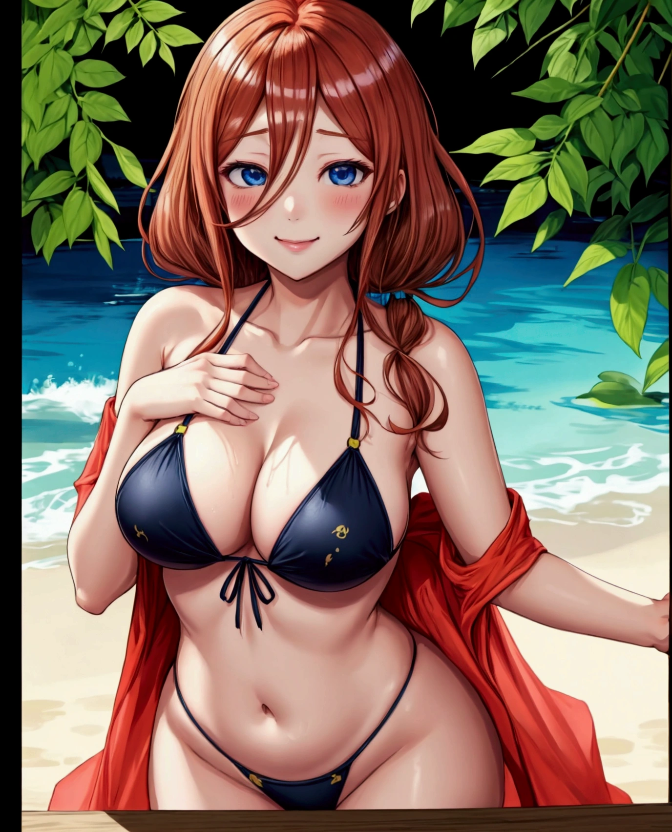 Miku Nakano, slender body, big breasts, D Cup Breasts, ginger hair, Long hair, bikini, swimsuit, innocent smile, happy, whole body, possesses seductive, anime, 4k