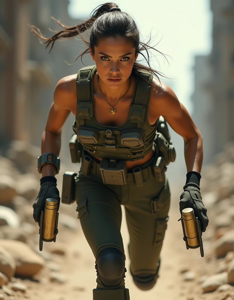 (Photorealism:1.2), sexy woman soldier, A soldier running with a square cartridge in each hand.