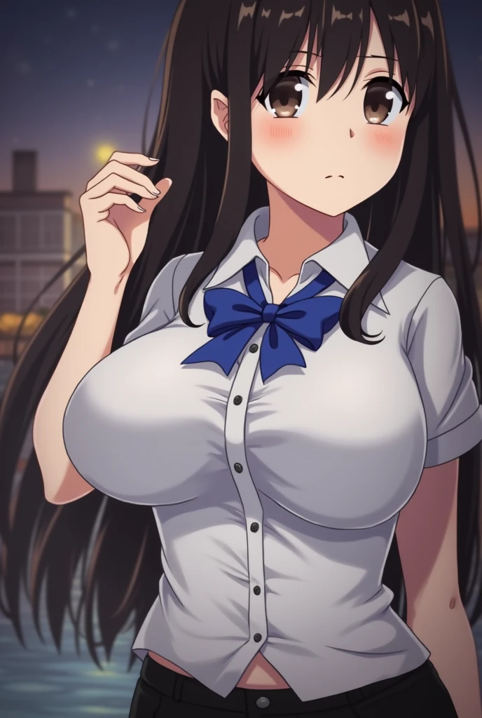 beautiful girl、Big Breasts、Swim topless、Pants color: black、Long Hair、Japanese、Full Body Shot、anime、Follow the steps in the image、The background is school&#39;Pool at night.Exposing breasts