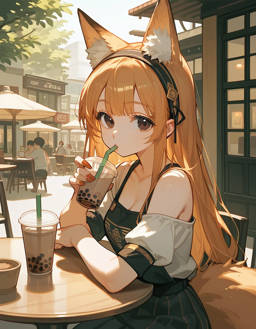 (score_9, score_8_up, score_7_up), anime, solitary, 1 woman, gold long hair, black eyes, fox ears, fox tail, fox shape nails, Drinking bubble tea, in a cafe, Hair band