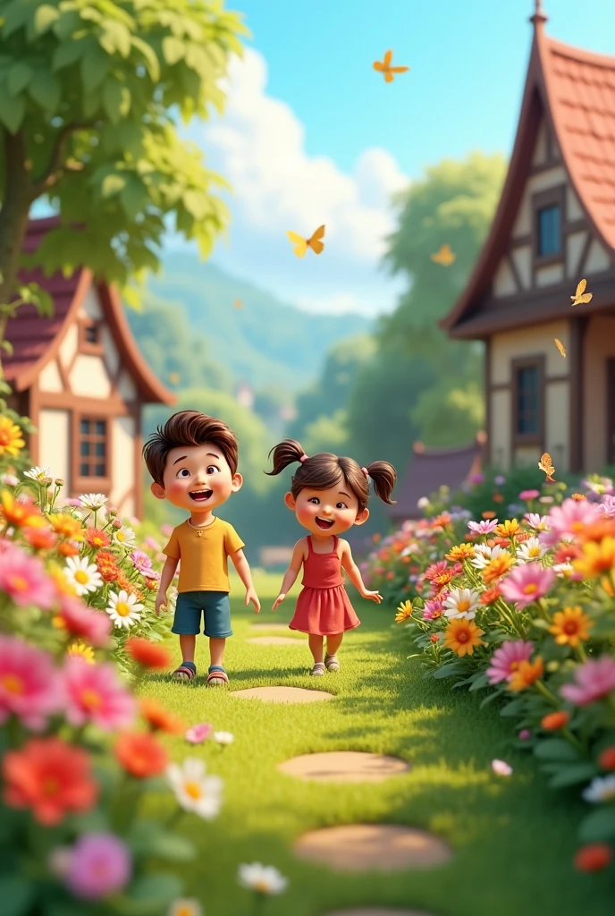 3D animation style -Beautiful Garden in a Small Village**: A vibrant garden with a variety of colorful flowers blooming, filling the air with fragrance. Children can be seen playing in the garden.
