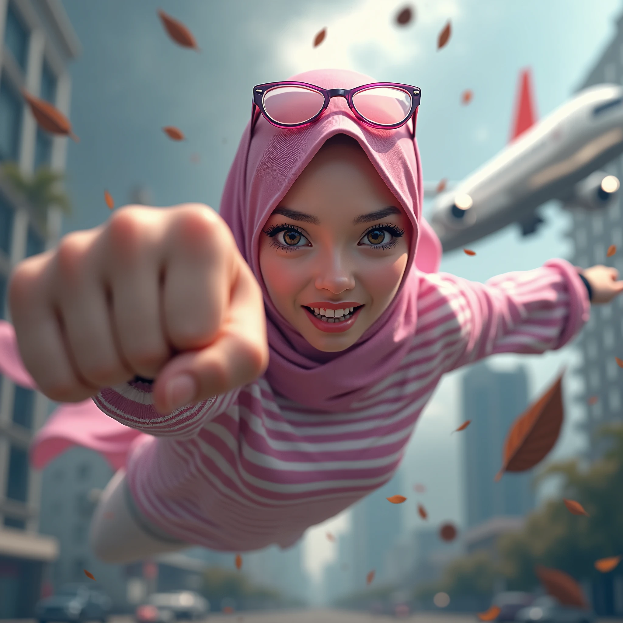 Malaysia women a realistic masterpiece. Human .wear pint watch.. 1girl wearing a hijab, detailed beautiful face, Hijab Muslim. Wear long sleeve moder design pink white pink e white. anger face, minimalist flower on shirt. Enger face. Open mouth. Glowing power pink. . Wear pink white.small Safety Pink yellow glasses google spectacle top of the head rubber band. Age . Flying position. Fast fly. Panning effect Photography . Jump on and have a super strong power.. punch flying beside big aeroplane . Fight pose. Bokeh background. fist front.. At the city. Bad waether. , detailed lips, long eyelashes. Hero, modest expression, delicate faciaures, natural skin tones, , detailed folds and textures of hijab, natural lighting, high quality, photorealistic, 8k, best quality. Malaysia girl. Floating small stone and dry leave. ). Running effect. Glowing yellow power. Runfast effect. Wear blue big glasses big frame. Braces teeth. Boleh background. Panning effect.pink high tech watch. flying high on sky.