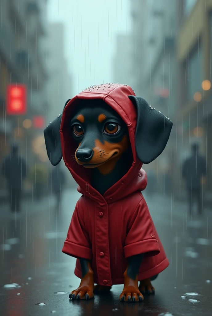 In the city on a rainy day、Draw a scene of a dachshund standing quietly in a red raincoat.。The fur is black.、Her big eyes look sadly out into the rain.。There are raindrops on the raincoat、Cat ears peeking out from the hood。A hazy urban landscape spreads out in the background.、There is a moist atmosphere overall.。In this scene、A cat standing tall in the rain、Emphasize the loneliness of the city。」