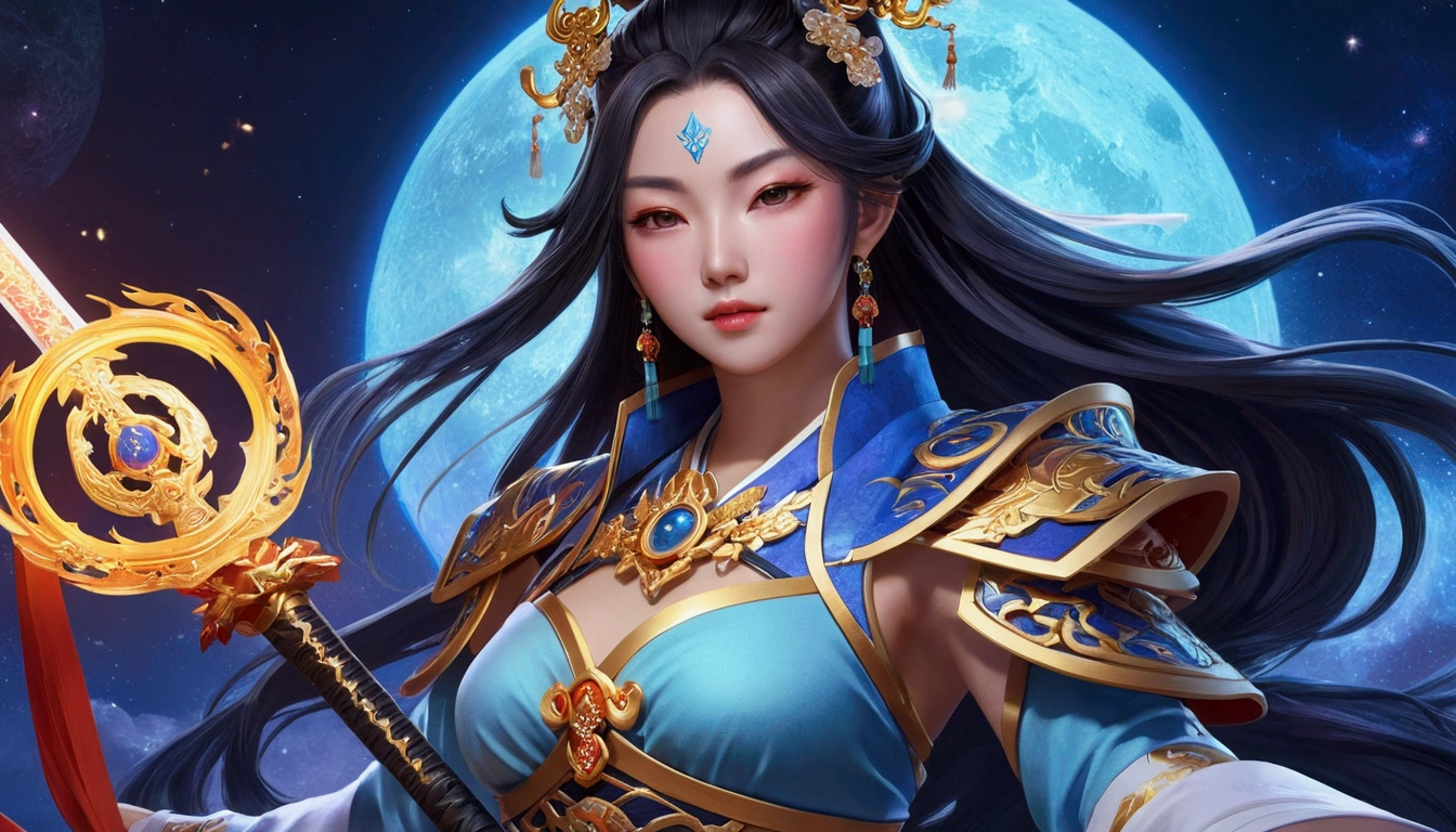a close up of a woman in a dress with a sword, beautiful celestial mage, onmyoji detailed art, onmyoji, full body xianxia, ne zha from smite, by Yang J, official artwork, lunar goddess, heise jinyao, astral ethereal, goddess of galaxies, celestial goddess, li zixin, inspired by Pu Hua