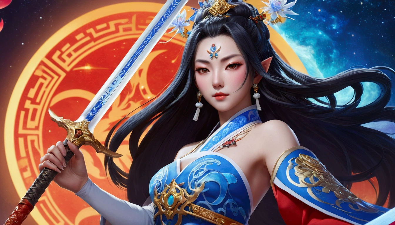 a close up of a woman in a dress with a sword, beautiful celestial mage, onmyoji detailed art, onmyoji, full body xianxia, ne zha from smite, by Yang J, official artwork, lunar goddess, heise jinyao, astral ethereal, goddess of galaxies, celestial goddess, li zixin, inspired by Pu Hua