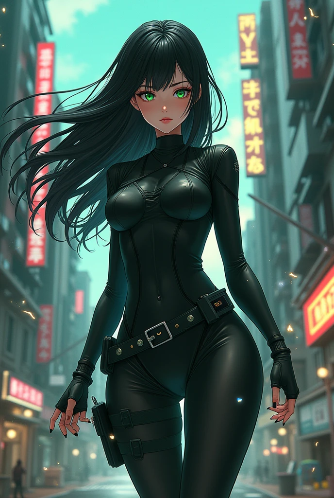 A black-haired girl with green eyes, about , tall and stylish jujutso kaisen