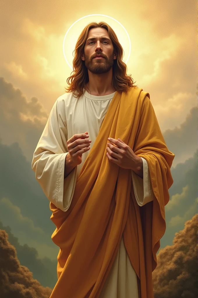 Create a serene and compassionate illustration of Jesus Christ, depicted with traditional elements such as a flowing robe, a gentle expression, and a halo. The background should be peaceful, perhaps with soft, glowing light or a natural setting like a hillside. The image should convey warmth, kindness, and divine presence."