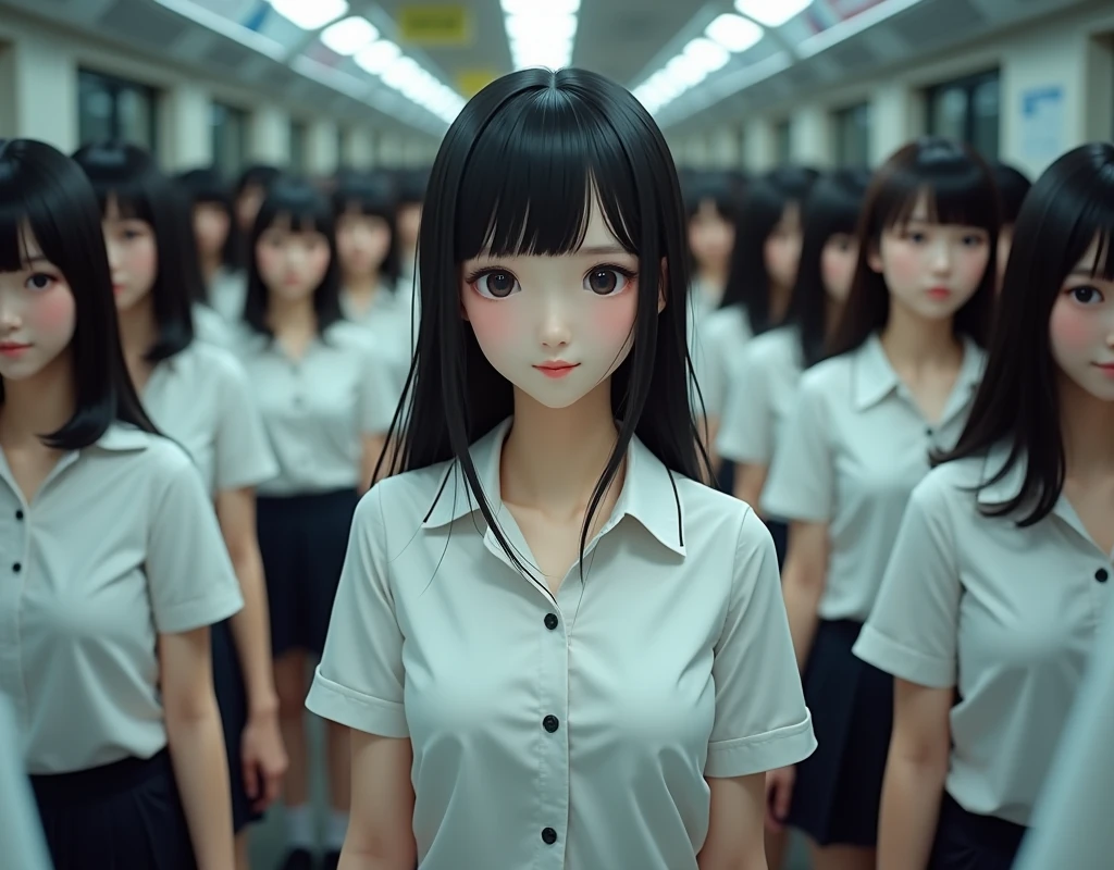 (Japanese Clone-girls=Myself), (Super Best masterpiece Clone-girls Raw Photography Art), (16K, Highest quality, Ultra-high resolution, RAW Photos), (It's so unrealistic., With unparalleled depiction, With an unfathomable sight, An unprecedented and shocking worldview, Clone-girls: In a world of mass reproduction, Ultra-realistic depiction), (Japanese Girls, Hamabe-Minami, 18yo), (Small face, Thick black hair, long hair, Dark Eyes, Mature face, Cute Smile, Smiling face, A gentle gaze), (Very pleasant look), (Very beautiful and detailed girl, Accurate body structure, Accurate body movements, Very detailed body), (Super big breasts, Large bulge of ample breasts), (high school girl, White shirt, Short skirt, hour々I can see your pants, Cleavage Emphasis, Emphasise the fullness of your breasts), (Very detailed, Myself cloning, Depiction of splitting oneself, 1Myself girl→1,000,000,000,000,000,000,000,000,000,000Myself cloning girls), (Myself clone girlsは, With the same perfect appearance, to multiply in large numbers), (Very detailed depiction, Myself's multiplying female body, In the same female body,With the same face, With the same hairstyle, In the same clothes, At the same height, 同じSuper big breastsで, A completely indistinguishable female body, 1,000,000,000,000,000,000,000,000,000,000 people), (Myself girls only), (1,000,000,000,000,000,000,000,000,000,000Myself girls))))), In a crowded train, Myself in the crowd, Physical contact, Happy smile, No front shot