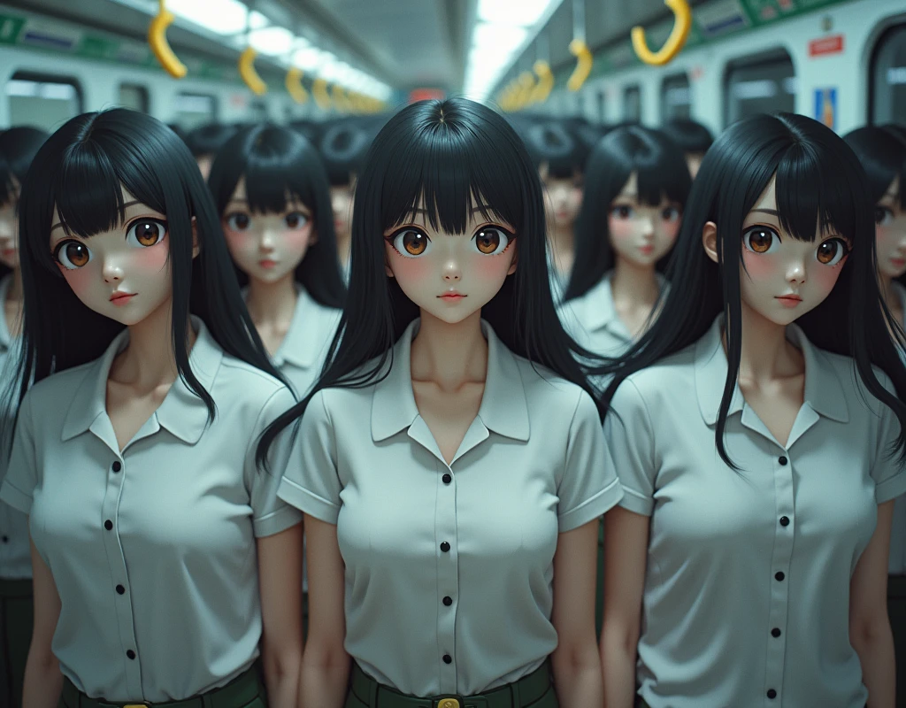 (Japanese Clone-girls=Myself), (Super Best masterpiece Clone-girls Raw Photography Art), (16K, Highest quality, Ultra-high resolution, RAW Photos), (It's so unrealistic., With unparalleled depiction, With an unfathomable sight, An unprecedented and shocking worldview, Clone-girls: In a world of mass reproduction, Ultra-realistic depiction), (Japanese Girls, Hamabe-Minami, 18yo), (Small face, Thick black hair, long hair, Dark Eyes, Mature face, Cute Smile, Smiling face, A gentle gaze), (Very pleasant look), (Very beautiful and detailed girl, Accurate body structure, Accurate body movements, Very detailed body), (Super big breasts, Large bulge of ample breasts), (high school girl, White shirt, Short skirt, hour々I can see your pants, Cleavage Emphasis, Emphasise the fullness of your breasts), (Very detailed, Myself cloning, Depiction of splitting oneself, 1Myself girl→1,000,000,000,000,000,000,000,000,000,000Myself cloning girls), (Myself clone girlsは, With the same perfect appearance, to multiply in large numbers), (Very detailed depiction, Myself's multiplying female body, In the same female body,With the same face, With the same hairstyle, In the same clothes, At the same height, 同じSuper big breastsで, A completely indistinguishable female body, 1,000,000,000,000,000,000,000,000,000,000 people), (Myself girls only), (1,000,000,000,000,000,000,000,000,000,000Myself girls))))), In a crowded train, Myself in the crowd, Physical contact, Happy smile, No front shot