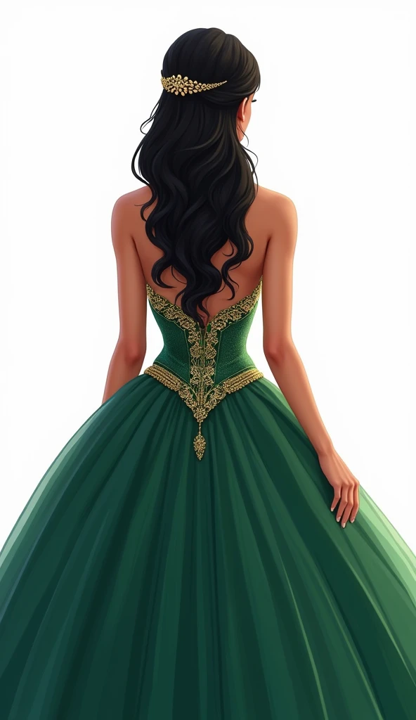 make me, on white background, an elegant illustration of a quinceañera from behind. She wears an emerald green dress with gold detailing on the top of the corset and along the dress.. The dress has a majestic and wide design, typical of quinceanera dresses, with a texture that reflects the richness of the material. The young woman has long black hair, hairstyle in soft waves that fall down her back. A golden hook, which adds a sophisticated touch, holds part of her hair.