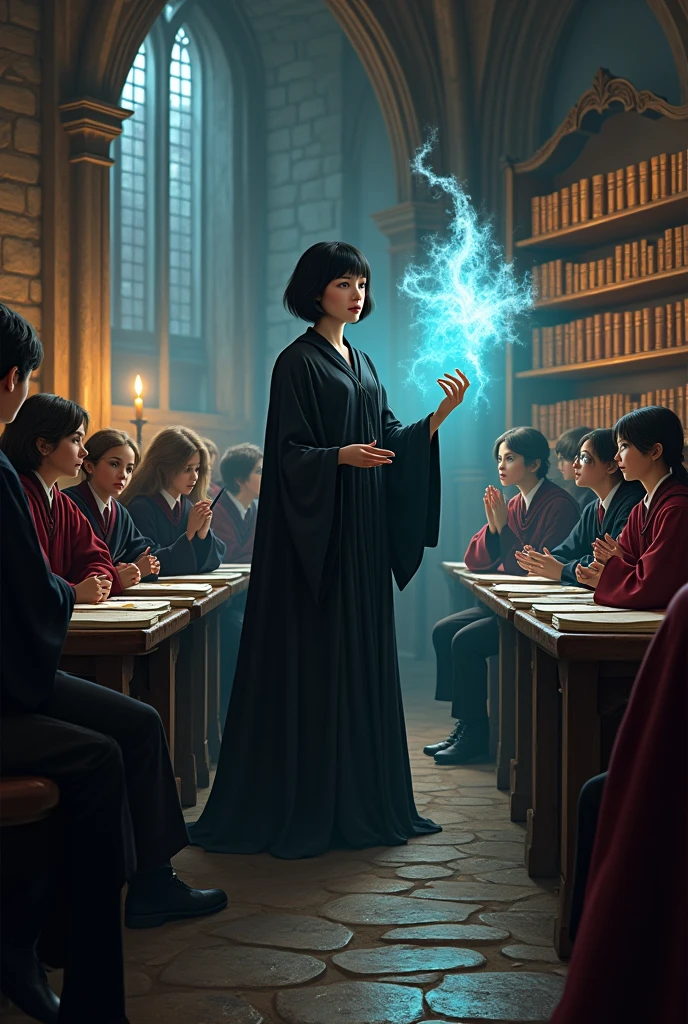 Charms classroom with students in Hogwarts uniform, a short black haired witch teacher with wand in hand and a male assistant ghost 