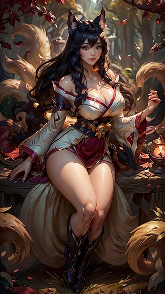 Ahri da league of legends,(best qualityer,4K,8k,high resolution, work of art:1.2)(weather: windy), 1girl, Japanese female, spirit forest background, red and white long sleeve korean kimono dress, thigh high stockings, cleavage, spirit sphere, cute makeup, tall boots, belt, long black hair, braided hair, fox ears, multiple fox tails, ultra detailed, realistic, portrait, beautiful detailed yellow eyes, beautiful detailed lips, extremely detailed eye and face, beautiful girl, long eyelashes, sexly, average, large breasts, beaming smile, magical pose, stunning curves, bright coloured, dramatic lighting, fox spirits,