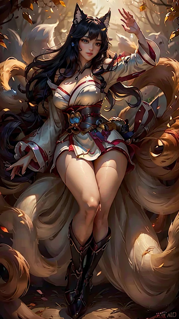 Ahri da league of legends,(best qualityer,4K,8k,high resolution, work of art:1.2)(weather: windy), 1girl, Japanese female, spirit forest background, red and white long sleeve korean kimono dress, thigh high stockings, cleavage, spirit sphere, cute makeup, tall boots, belt, long black hair, braided hair, fox ears, multiple fox tails, ultra detailed, realistic, portrait, beautiful detailed yellow eyes, beautiful detailed lips, extremely detailed eye and face, beautiful girl, long eyelashes, sexly, average, large breasts, beaming smile, magical pose, stunning curves, bright coloured, dramatic lighting, fox spirits,