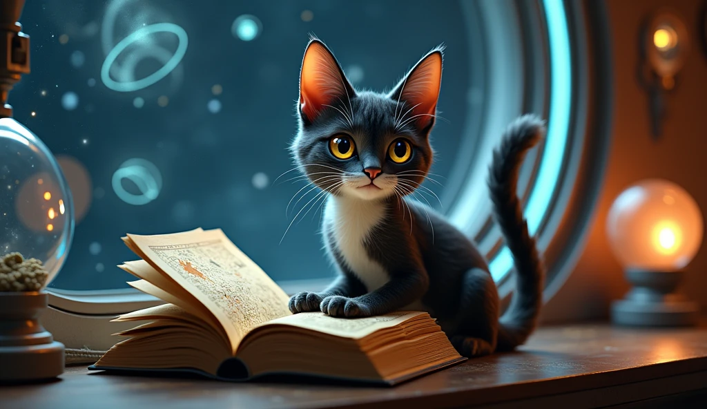 A cat is studying in space