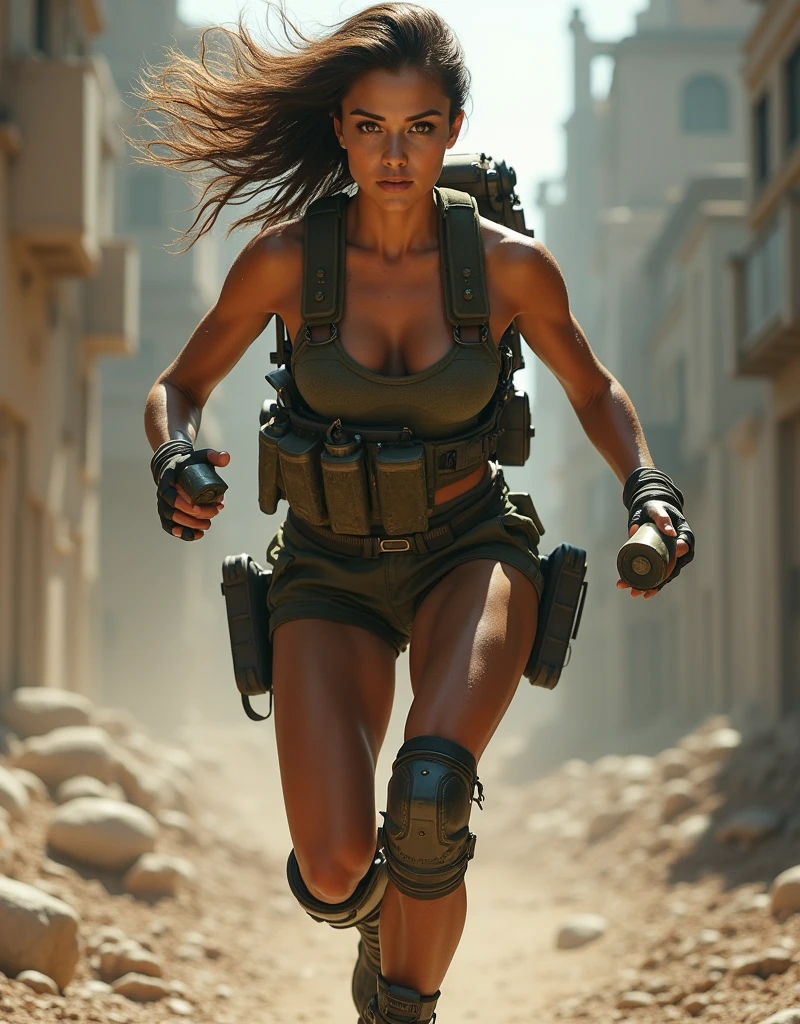 (Photorealism:1.2), sexy woman soldier, A soldier running with a square cartridge in each hand.