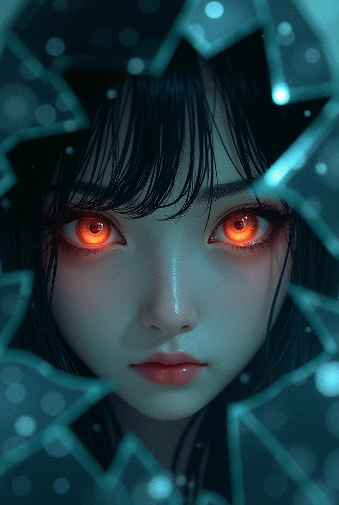 Create a cover for a book, showing fragmented glass, In the darkness, some fuzzy blue Asian female eyes stand out, that shine in the darkness of broken glass