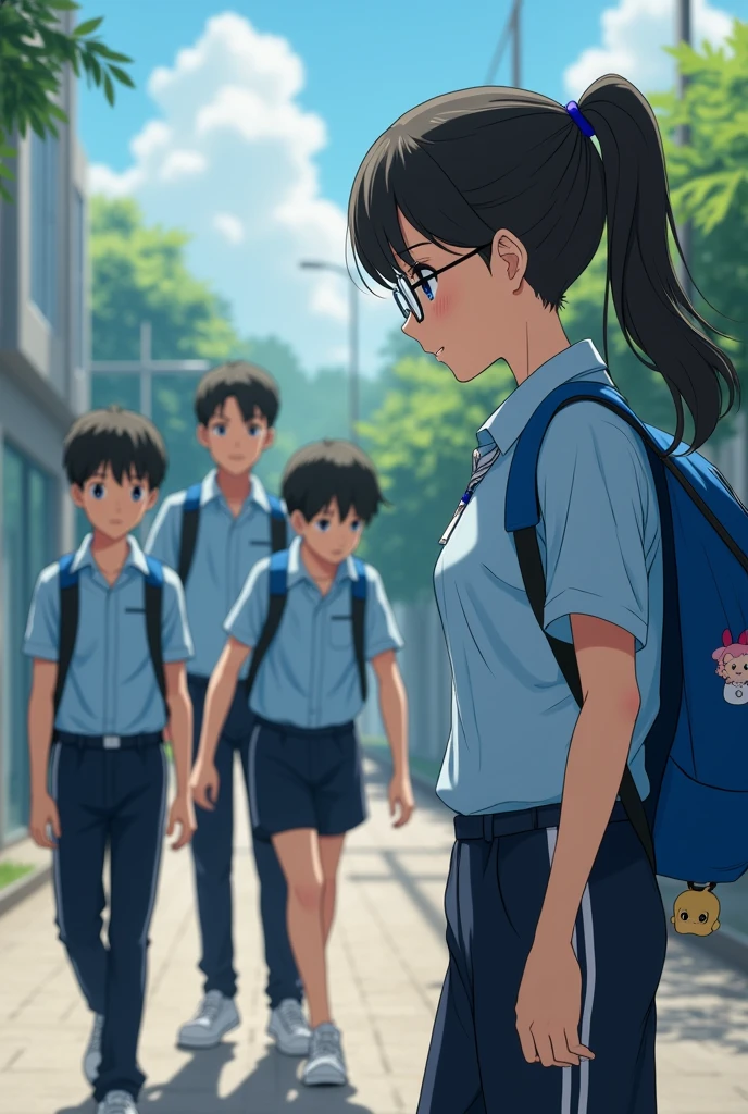 Senior women.6. Wearing a school uniform, tying her hair in a ponytail, wearing glasses, secretly looking at her juniors..3 men wearing black sports pants with white stripes, blue shirts, blue backpacks, and chimmy dolls hanging from them.