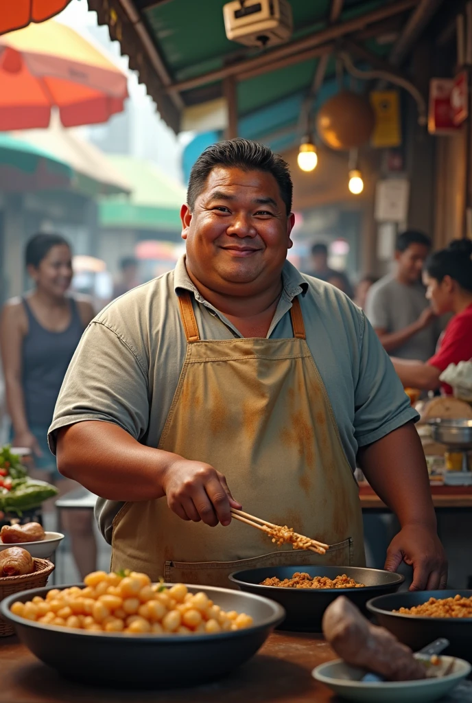 Filipino chubby vendor in apron in a karenderya