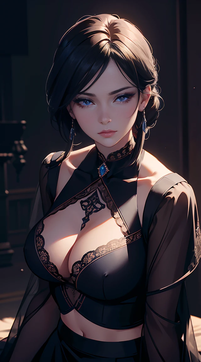 a beautiful elegant young woman wearing a violet long sleeved crop top with a sweet heart neckline, a blue choker, and a black skirt, detailed facial features, detailed clothing, beautiful detailed eyes, beautiful detailed lips, extremely detailed face, longeyelashes, figure, graceful pose, serene expression, studio lighting, 8k, highres, masterpiece, photorealistic, vibrant colors, chiaroscuro lighting, cinematic composition