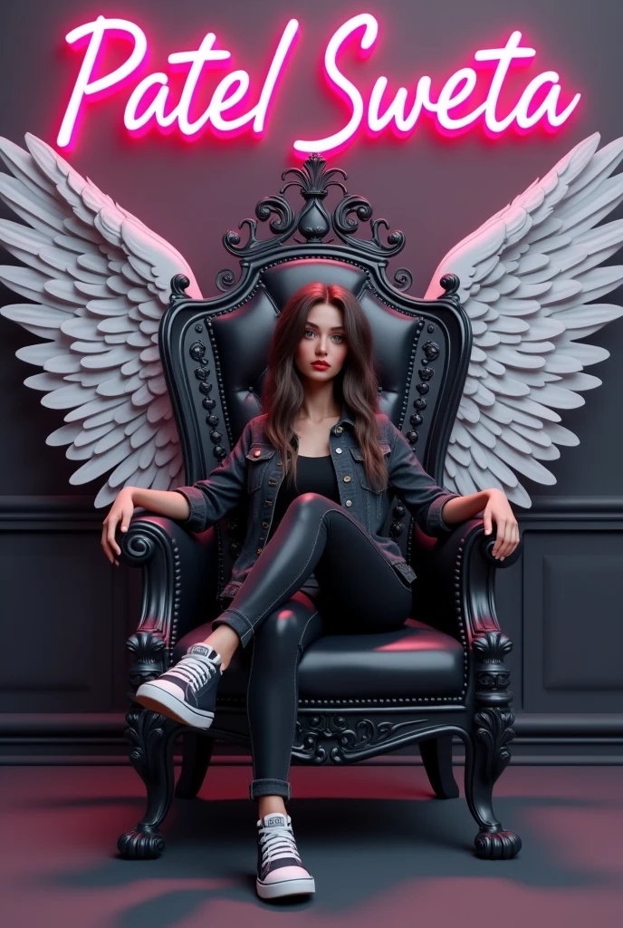 Create a 3D illustration for a profile picture where a smart girl in a black denim sitting casually on a King of Beasts Throne big chair. Wearing sneakersm He looks left side. The Background features “patel sweta ” in big and small letters pink neon light fonts on the dark grey wall. There should not be his shadow, and there are bigs wings in white to make it appear as