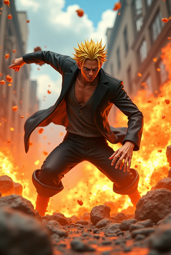 one piece、Sanji、Diable Jump、Poitraine Power Shot、Realistic、Realな絵、Real、delicate、reality、Yellow Hair、One eye is hidden、Black Suit、3D Rendering, movie, movie撮影, Super detailed, Super detailedな, Realistic主義,
